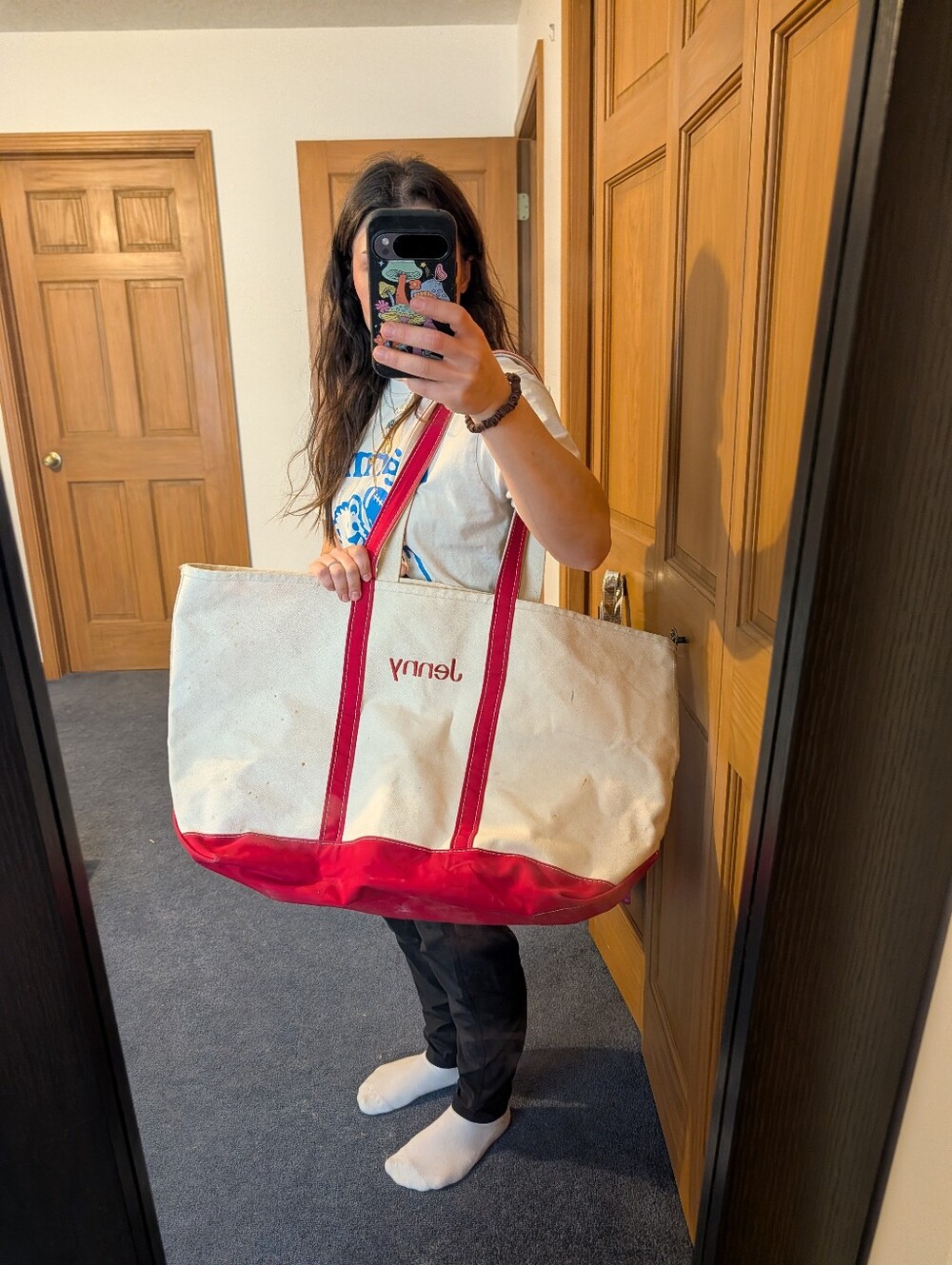 Vintage '90S LL Bean JUMBO Boat And Tote XXL Red White Long Handle Monogram Vtg